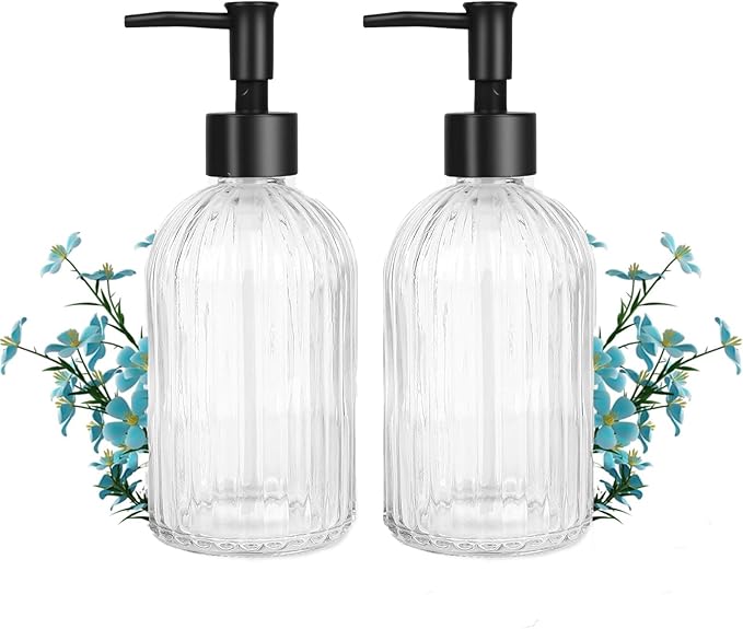 Clear Glass Soap Dispenser with Pump, 13.5oz Glass Striped Hand Soap Dispenser, Refillable Hand Liquid Dispenser Set for Modern Home Decor, Bathroom, Kitchen Countertop, Dish Soap, Lotion (2 Pack)