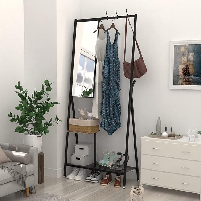 CHANCEE Coat Rack with Mirror – Freestanding Garment Rack with Shelf, Aluminum Hanger Stand with Shoe Storage, Multifunctional Clothes Rack for Bedroom, Entryway & Living Room, Rustic Brown/Black