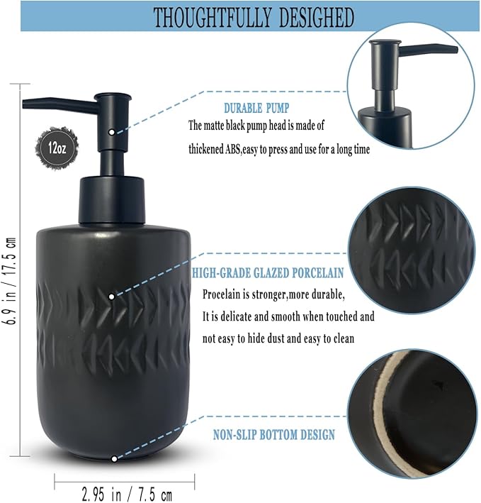 Black Soap Dispenser for Bathroom,Cylindrical Lotion Dispenser,12oz Ceramic Relief Hand Dish Soap Dispenser,Refillable Liquid Dispenser for Kitchen,Matte Black Pump(Relief Black)