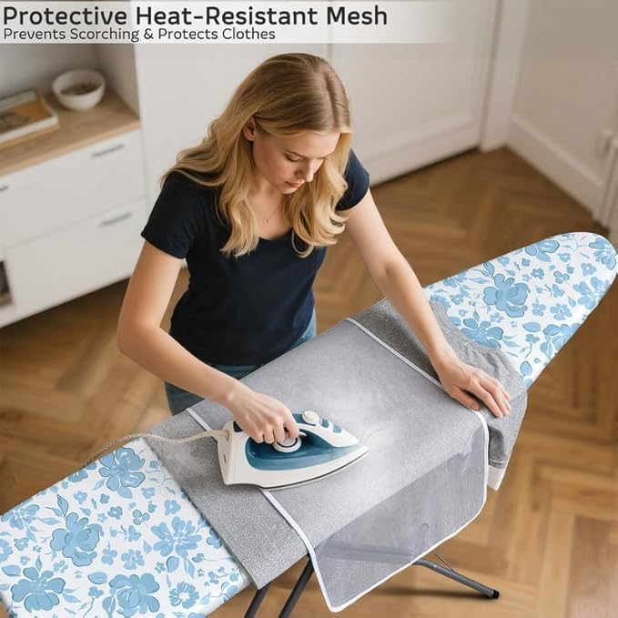 FIOBEE Ironing Board Cover and Pad Extra Thick Iron Board Pad with Heat-Resistant Mesh Padded Iron Board Covers Adjustable Buckle & Elastic Edges for 15x54 Standard Size Ironing Board, Light Blue