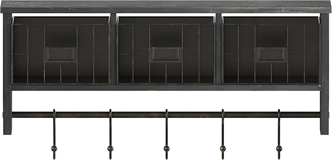 Flash Furniture Daly Wall Mounted Storage Rack - Blackwashed Solid Pine Wood - 24 Inch - Upper Shelf - 5 Hooks - Wire Baskets - For Entryway, Kitchen, Bathroom