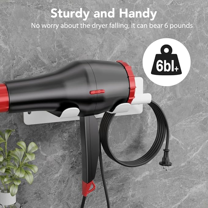 Hair Dryer Holder Wall Mount Compatible 304 Stainless Steel Blow Diffuser Holder Organizer Adhesive for The Bathroom White