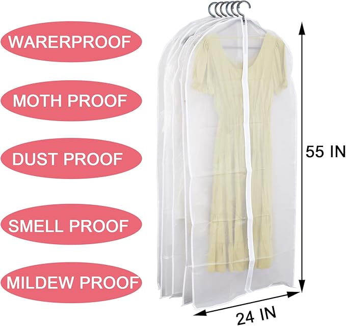 Clear Garment Bags with Full Zipper Lightweight Foldable Dust Proof Breathable Extra Wide Travel Suit Cover for Hanging Clothes Closet Storage, 24'' x 55'' / 6 Pack