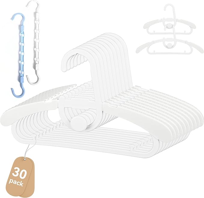 30 Pack Baby Kids Clothes Hangers Adjustable Stackable for Infant to Children - Thick Plastic, Non-Slip, Space Saving, White