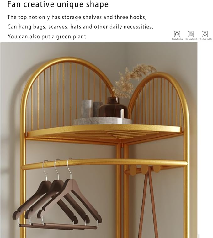 corner coat rack,corner hall tree,metal clothes rack,gold clothing rack with storage basket and hooks for bedroom,living room,entryway.corner storage rack for clothes.