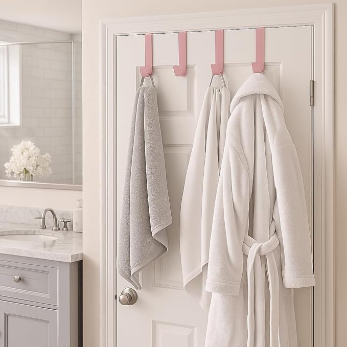 Dependable Industries inc. Essentials Over-The-Door Hanger Hook Set – 4-Pack of 3.5 in., Plastic Over-The-Door Hangers & Over-The-Door Hooks – Over-Door Hooks for Hanging Clothes & Towels (Pink)