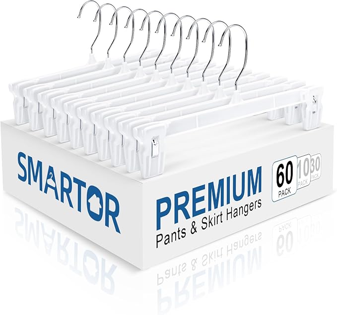 Smartor Skirt Hangers|Pants Hangers with Clips 60 Pack | Space Saving| Durable| Durable Clips| Pant Hanger for Men| White Hanger Clips for Women Shorts, Jeans, Slacks