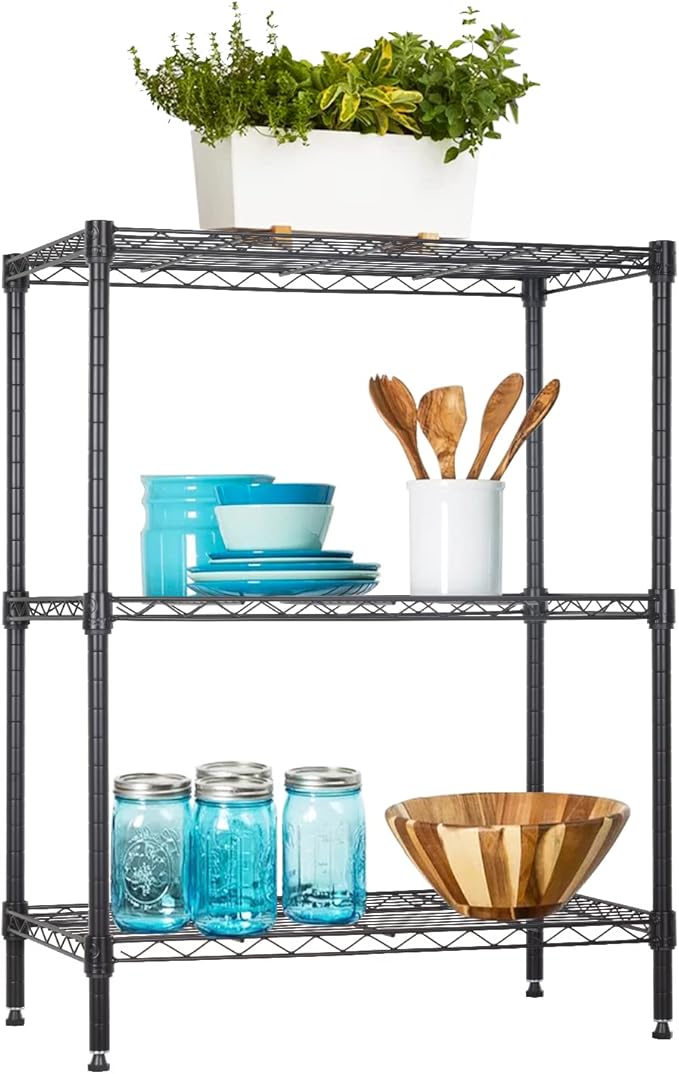 3-Tier Metal Wire Shelving Unit, Heavy Duty Adjustable Storage Rack for Laundry Room, Pantry, Kitchen, Garage Organization and Storage, Small Space Shelves (Black, 23"L × 13.2"W × 30.2"H)