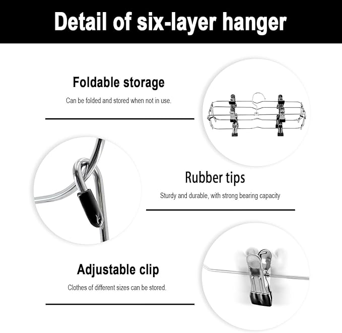 Skirt Pants Hangers with Clips，6Tier Skirt Hangers Space Saving,Metal,Non Slip Closet Organizer and Storage Multi Clothes Shorts Hanger Organization(2, Black)