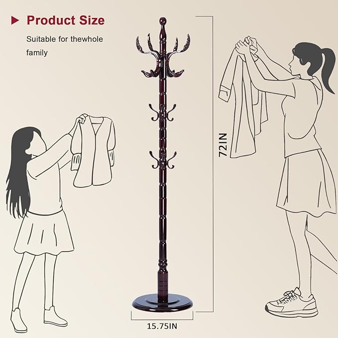 Wood Coat Rack Freestanding with 14 Hooks, 73 Inches Adjustable Height Coat Rack Stand, Vintage Hall Tree Coat Racks with Stable Round Base for Entryway, Bedroom (Solid Wood Fenghuang Gou)