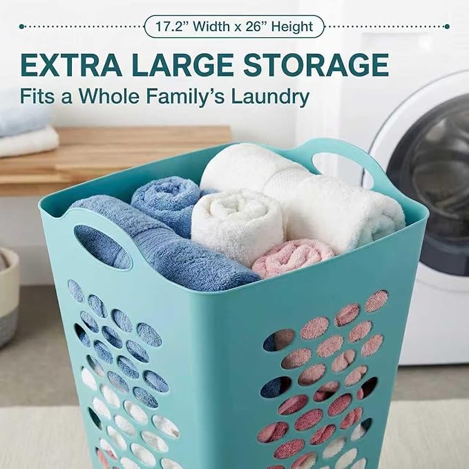 (2 Pack) 2 Bushel Square Laundry Hamper, Teal Lightweight Plastic Tall Laundry Basket with Handles, Ventilation Design for Bedroom, Bathroom, Laundry Room, College Dorm.