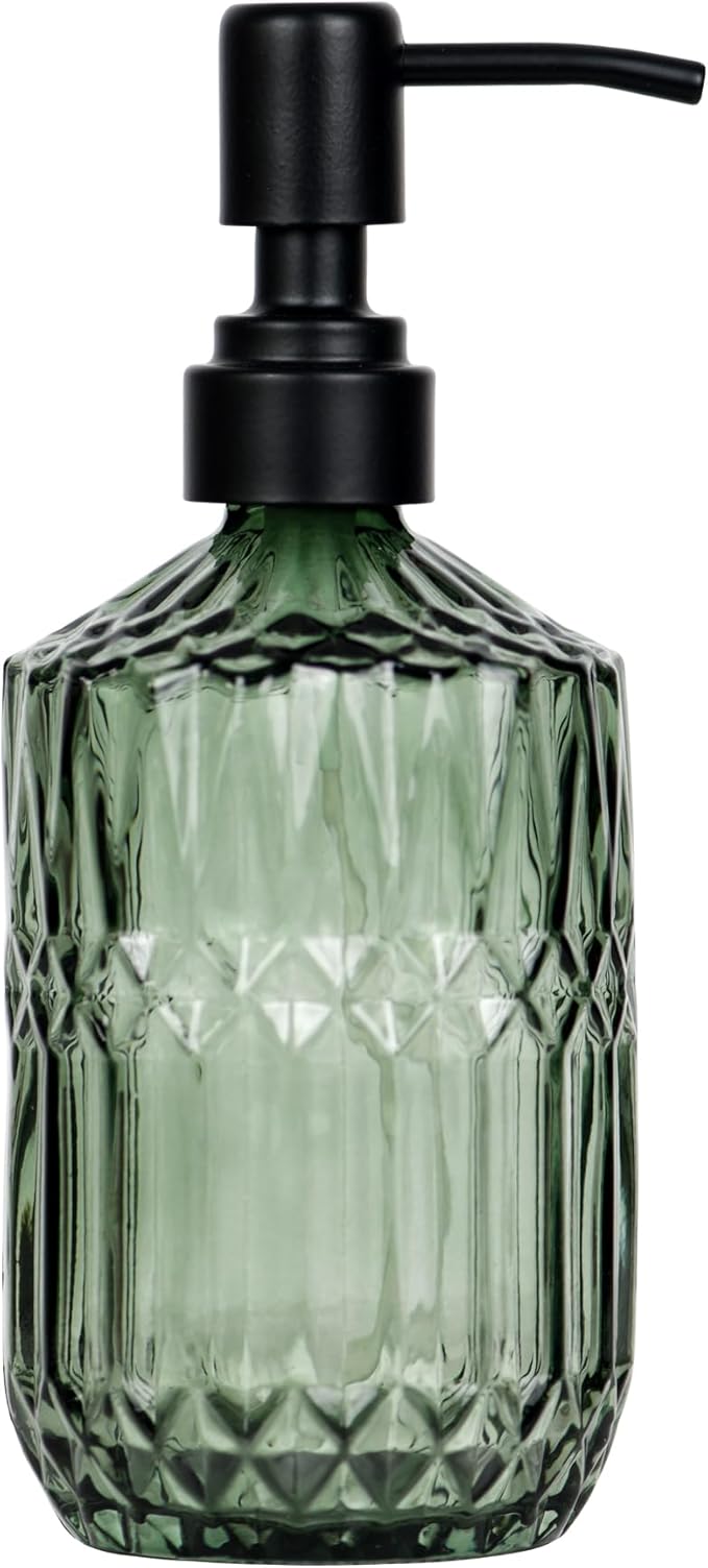 18 oz Dark Green Thick Glass Soap Dispenser with Black Rustproof Pump Refillable Bathroom, Kitchen Soap Dispenser for Hand Soap, Detergent, Lotion (Dark Green)