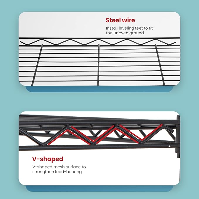 5-Tier Heavy Duty Metal Storage Shelves, NSF Certified Adjustable Wire Shelving Unit with Leveling Feet, 750 LBS Capacity Metal Rack for Garage, Kitchen, Pantry,Office,Black, 21.5"L x 11.6"W x 47.6"H