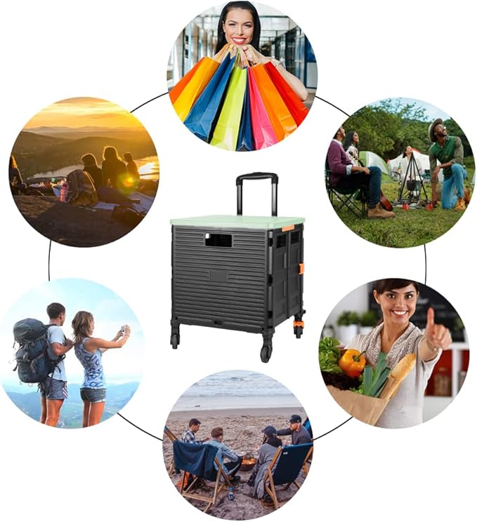 FELICON SELORSS Foldable Utility Cart Folding Portable Rolling Crate Handcart with Heavy Duty Telescoping Handle Collapsible 4 Rotate Wheels for Travel Shopping Move Luggage Office Use(Black+Green)