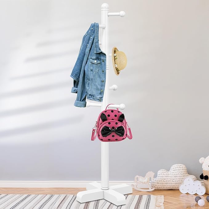 Coat Rack, Freestanding Coat Racks with 8 Hooks 2 Adjustable Height, Tree Coat Rack for Bedroom, Hallway, Entrance, Office, Hats, Handbags,Purse (White)