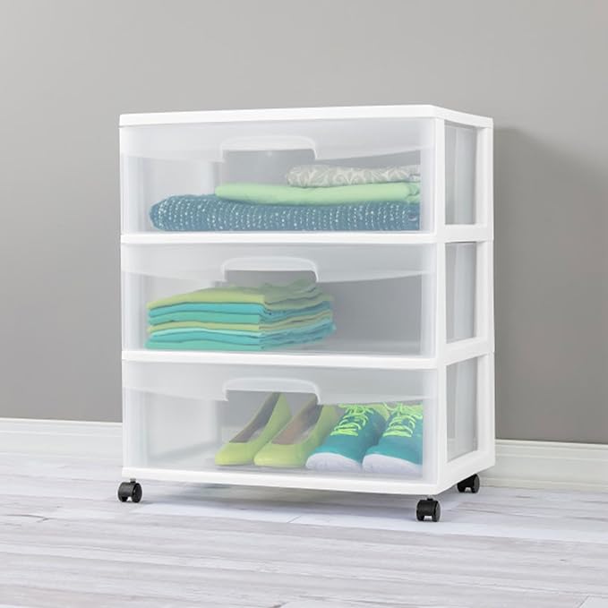 Sterilite 2-Pack 3-Drawer Wide Storage Organizer Cart, Rolling Container w/Wheels, White - Organizing Containers for Bathroom, Closet, Kitchen, and Bedroom