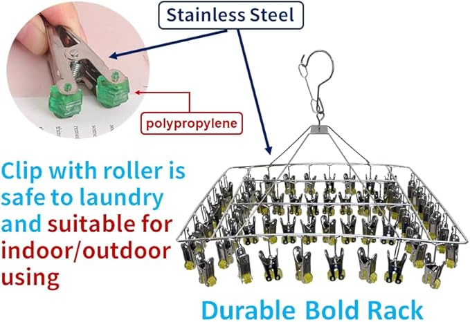 Quick Release Stainless Steel Laundry Drying Rack with Clips, Swivel Hook Wind-Proof Clothes Hanger Rack for Sock, Bras, Underwear, Laundry (Rectangle 60 Clips)