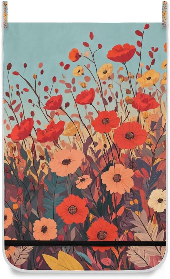 Autumn Poppy Flowers Door Hanging Laundry Hamper Bag with Free Adjustable Stainless Steel Hooks Dirty Clothes Hamper Extra Large Over the Door Laundry Hamper 29.5X20inch 2Pack