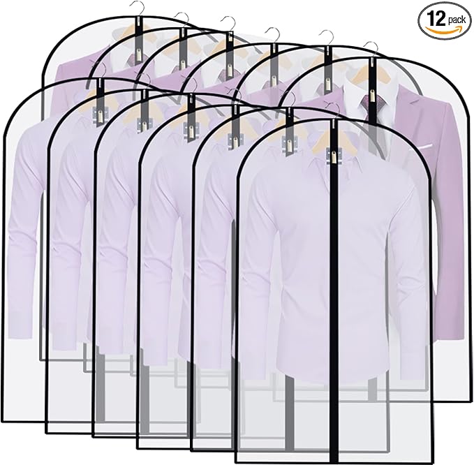 Suit Bags for Closet Storage Garment Bag (24'' x 40'' Set of 12) Clear Garment Bags for Hanging Clothes Plastic Waterproof Suit Cover Bag with Zipper for Coats, Jackets, Shirts Closet