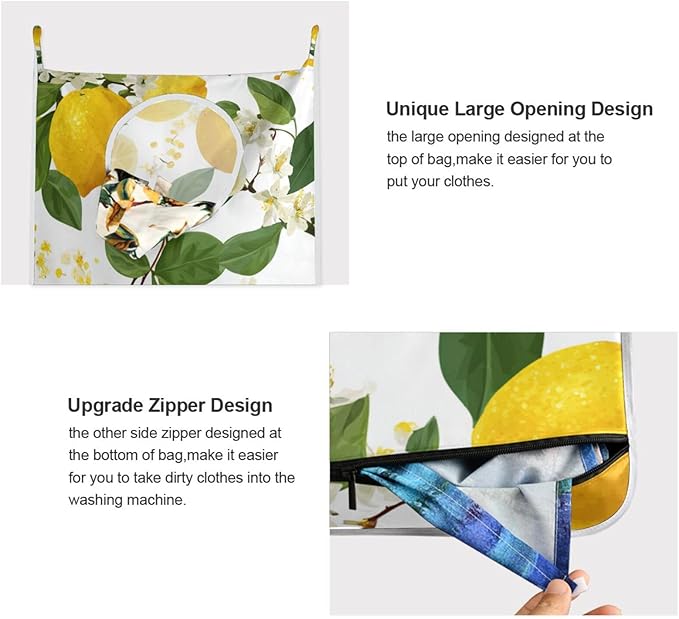 Lemon Branch Flower Hanging Laundry Hamper Door Hampers Bag Basket with Stainless Steel Hooks Oxford Fabric Printing Decorative Clothes Bags 29.5X20inch 2Pack