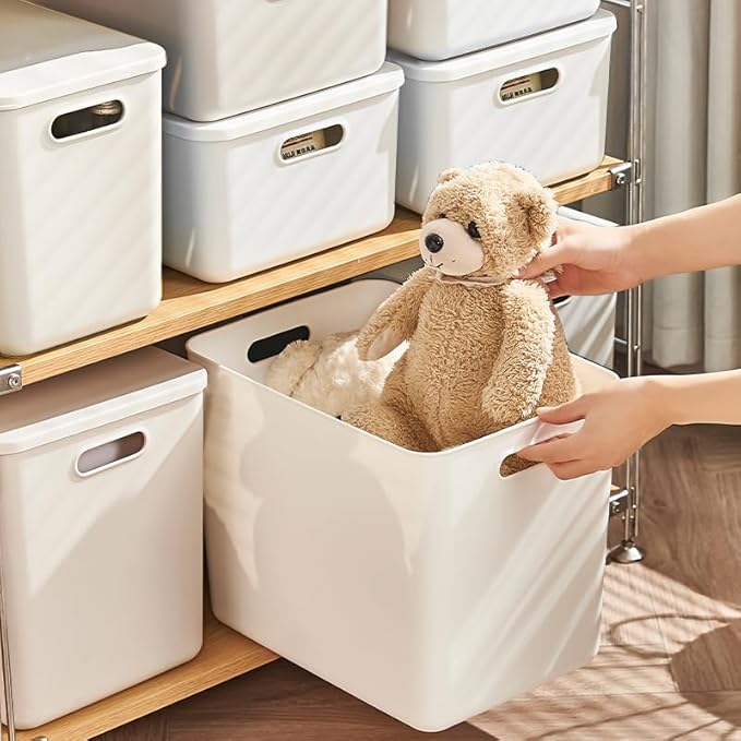 5 pack large plastic White storage bins with Lids, Toy Box Chest with Handle，Organizer Containers Baskets for Baby,Nursery，Shelves，Playroom, Bedroom，Office,Closet，home (White, 6XL)