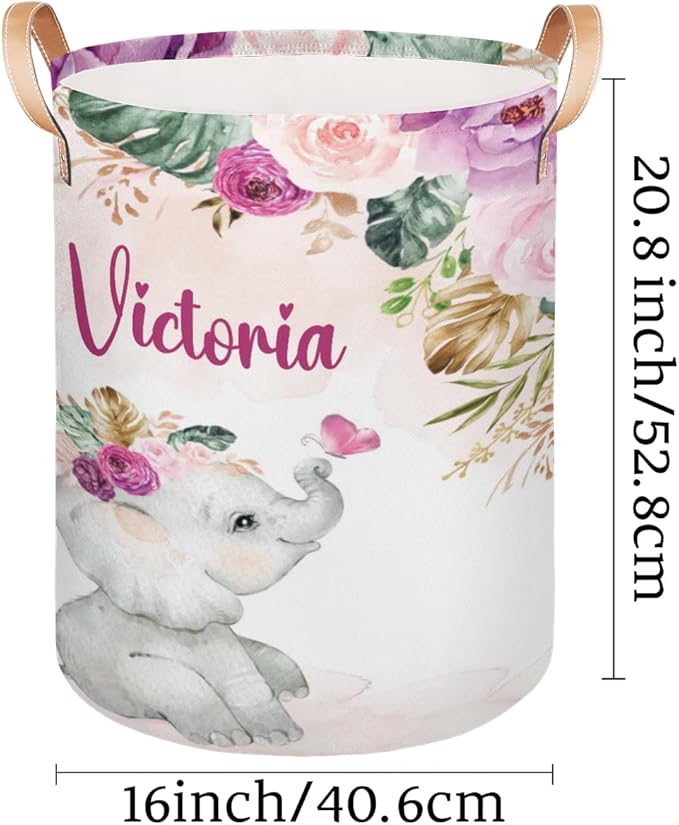 Personalized Laundry Basket, Custom Gift Laundry Hamper, Collapsible Nursery Waterproof Laundry Baskets, Dirty Clothes Toy Hamper with Handles Purple Blush Floral Elephant