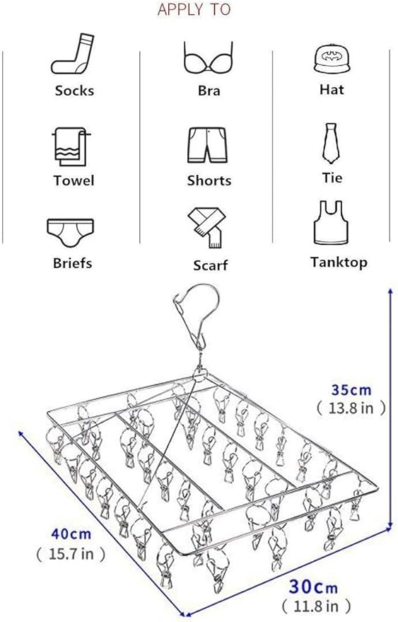 Stainless Steel Sock Drying Rack with 36 Clips, Swivel Hook Wind-Proof Clothes Hanger Rack for Sock, Bras, Underwear, Laundry Accessories