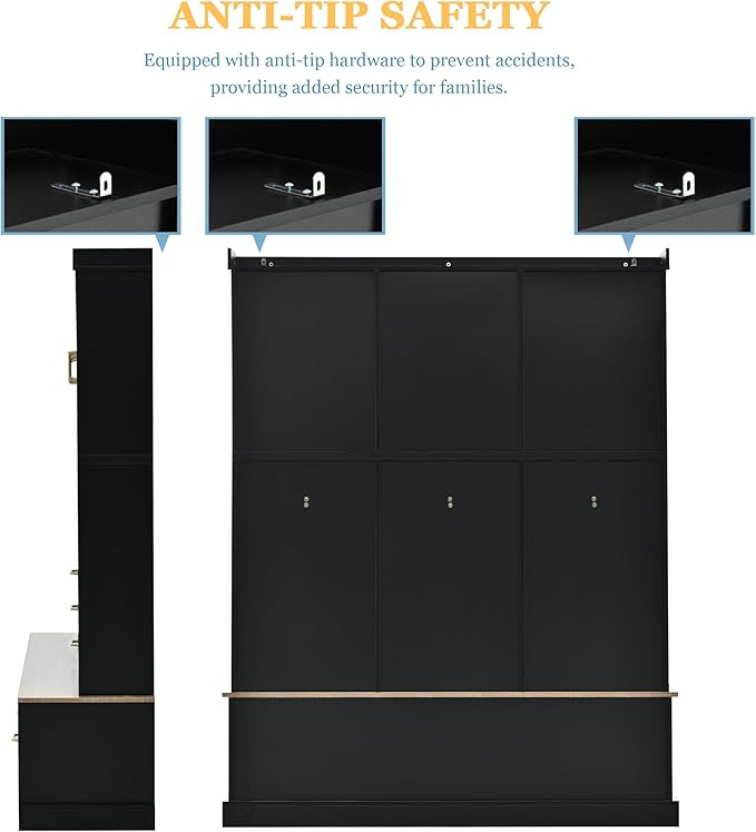 Modern 58'' Wide Hall Tree with Bench and Storage, 5-in-1 Wood Hall Tree with Coat Rack, 6 Drawers, 3 Cabinets and 3-Tier Top Storage for Hallway, Entryway, Living Room, Mudroom (Black-10.15)