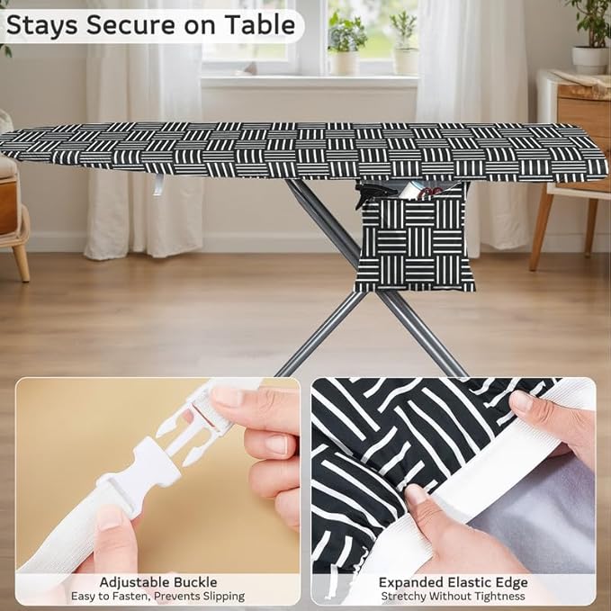 FIOBEE Ironing Board Cover and Pad Extra Thick Iron Board Pad with Heat-Resistant Mesh Padded Iron Board Covers Adjustable Buckle & Elastic Edges for 15x54 Standard Size Ironing Board, Black Stripe
