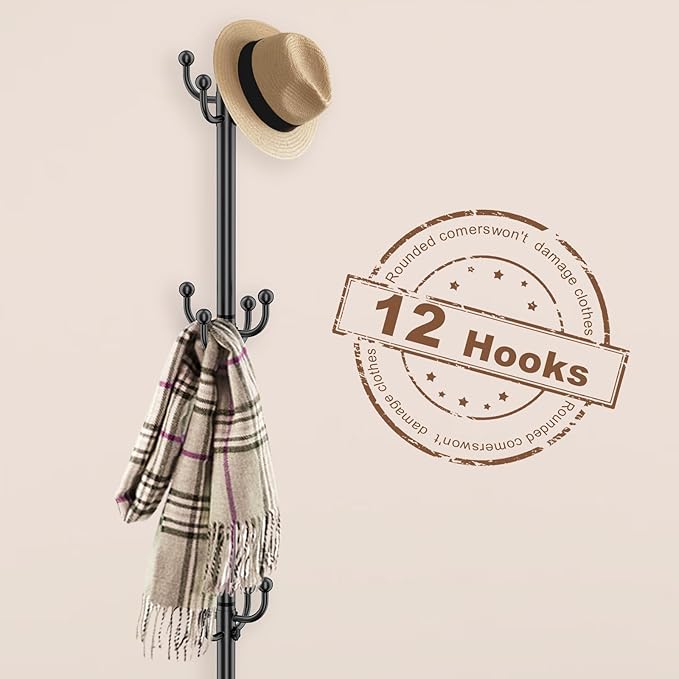 Coat Rack Freestanding, Coat Rack Stand with Umbrella Holder, Coat Tree, Coat Hanger Stand with 12 Hooks for Clothes Bag Hats, Hat Rack Hall Tree Coat Hanger Umbrella Stand for Entryway