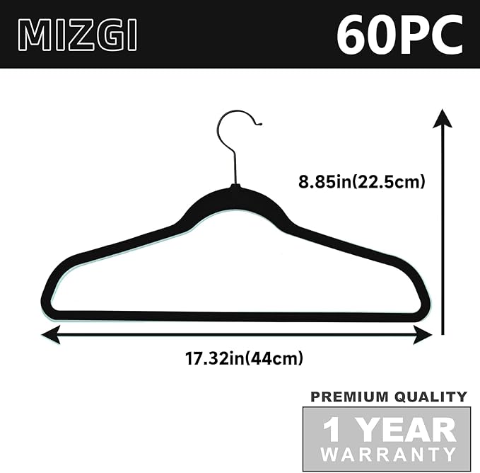 MIZGI All Black Velvet Hangers 60 Pack,Premium Flocked Clothes Hangers Non-Slip Felt Sturdy Black Heavy Duty Coat Hanger,Durable Suit Hanger for Space Saving, No Marks