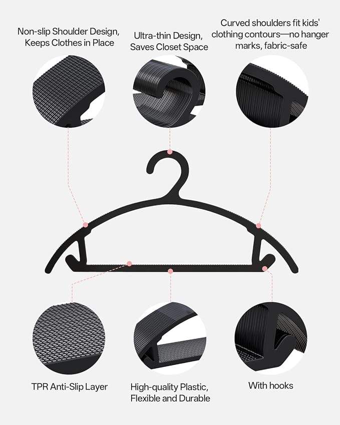 100 Pack Kids Hangers, Non-Slip & Sturdy Coat Hangers, Ultra-Thin Plastic Suit Hangers for 7-12 Years Old, Dry & Wet Dual-Use Multi-Scenario Storage, Holds Up to 11 LB, 14" W,Black,UAPY09100B