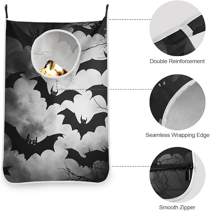 Hanging Laundry Hamper Over the Door with Stainless Steel Hooks Rack Dirty Clothes Wall Mounted Hamper Basket Bag 29.5X20inch Grey Halloween Bats