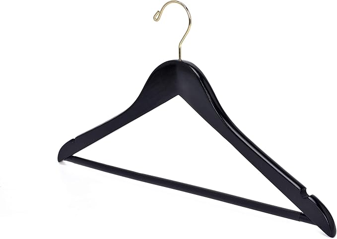 Quality Black Wooden Hangers - Slightly Curved Hanger Set of 20-Pack - Solid Wood Coat Hangers with Stylish Chrome Hooks - Heavy-Duty Clothes, Jacket, Shirt, Pants, Suit Hangers (Black-Gold Hook, 20)