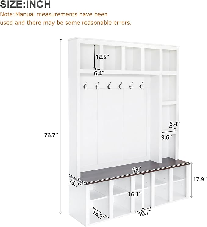 Farmhouse Entryway Bench with Coat Rack, Wooden Hall Tree with 6 Hooks, Walnut Storage Bench with Adjustable Shelves, 4-in-1 Entryway Shoe Cabinet with 13 Cubbies for Mudroom (White/172)
