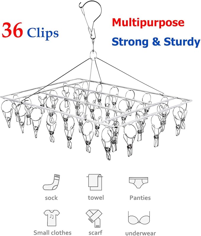 Stainless Steel Clothes Drying Rack with 36 Clips, 1 Pack, 360° Rotating Hanger, Windproof Design for Socks, Underwear, Baby Clothes, Towels, Lingerie, Scarves, Diapers, Laundry Drying Rack
