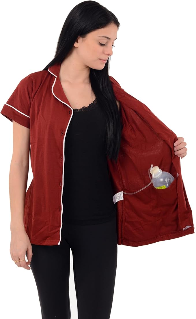 USBD Post Mastectomy Shirt with Drain Pockets Lapel Collar Post Op Button Down Recovery Tops