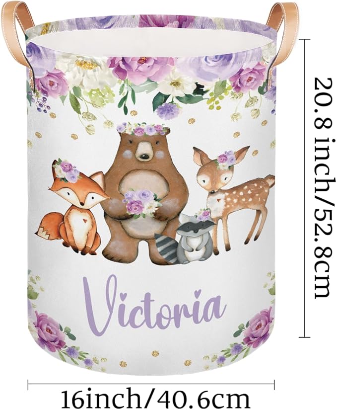 Personalized Laundry Basket, Custom Gift Laundry Hamper, Collapsible Nursery Waterproof Laundry Baskets, Dirty Clothes Toy Hamper with Handles Purple Floral Animals Cute