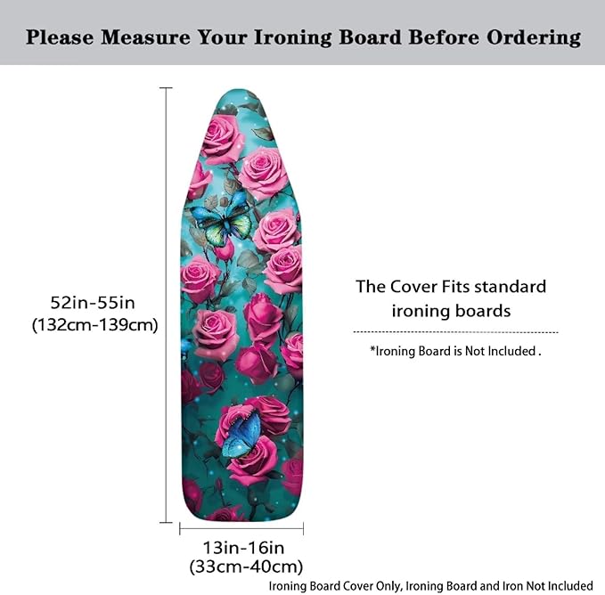 Pink Rose Ironing Board Cover and Pad Heat Reflective Stain Resistant Iron Board Cover with Padding Standard Size 15x54 Pressing Cloth for Ironing