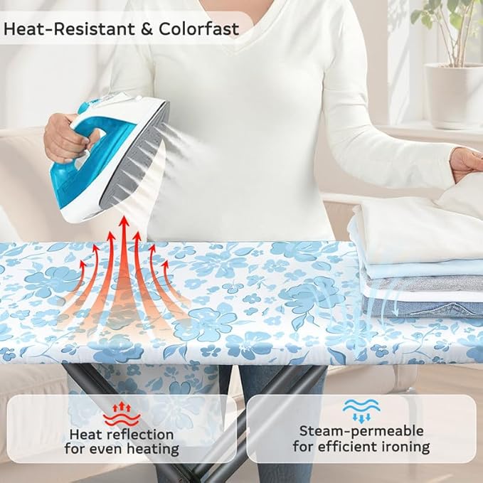 FIOBEE Ironing Board Cover and Pad Extra Thick Iron Board Pad with Heat-Resistant Mesh Padded Iron Board Covers Adjustable Buckle & Elastic Edges for 15x54 Standard Size Ironing Board, Light Blue