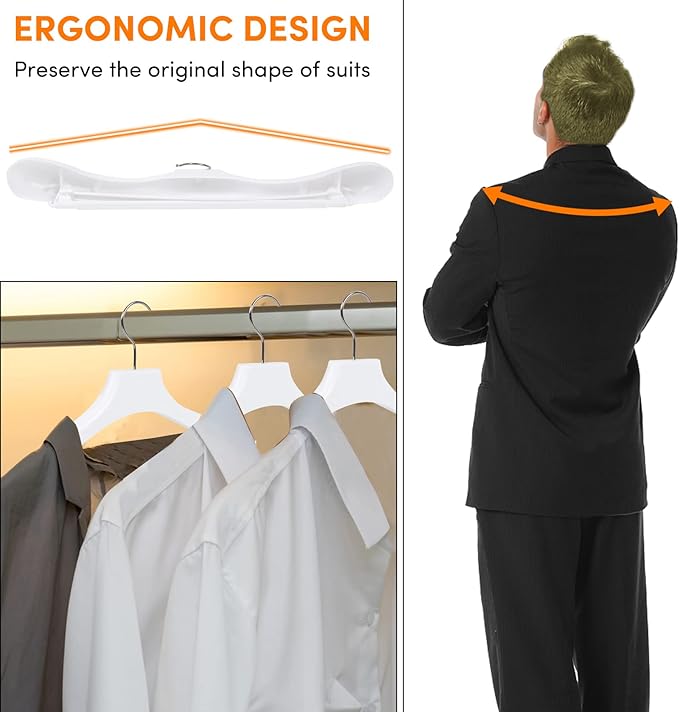 Suit Hangers for Men 50 Pack, White Coat Hangers Extra Wide Non Slip Width 17.7", Thick Plastic with Pants Bar & Metal Hook
