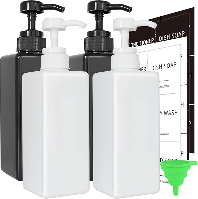 Soap Dispenser with Waterproof Labels, Thickened Plastic Hand Soap Dispenser for Bathroom, Kitchen Dish Washing Liquid Bottles, Shampoo and Conditioner Bottles with Funnel (16oz 4Pack Black White)