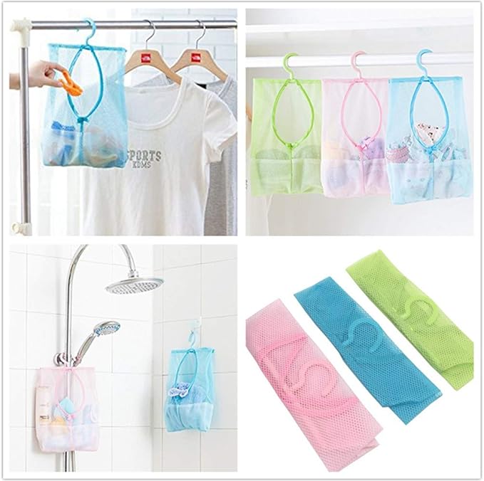 DurReus Multipurpose Clothespin Bag with Hanger Pink Blue Green Hanging Mesh Drying Bag Laundry Shower Caddy Kitchen Bathroom Storage Organizer 3 Pack