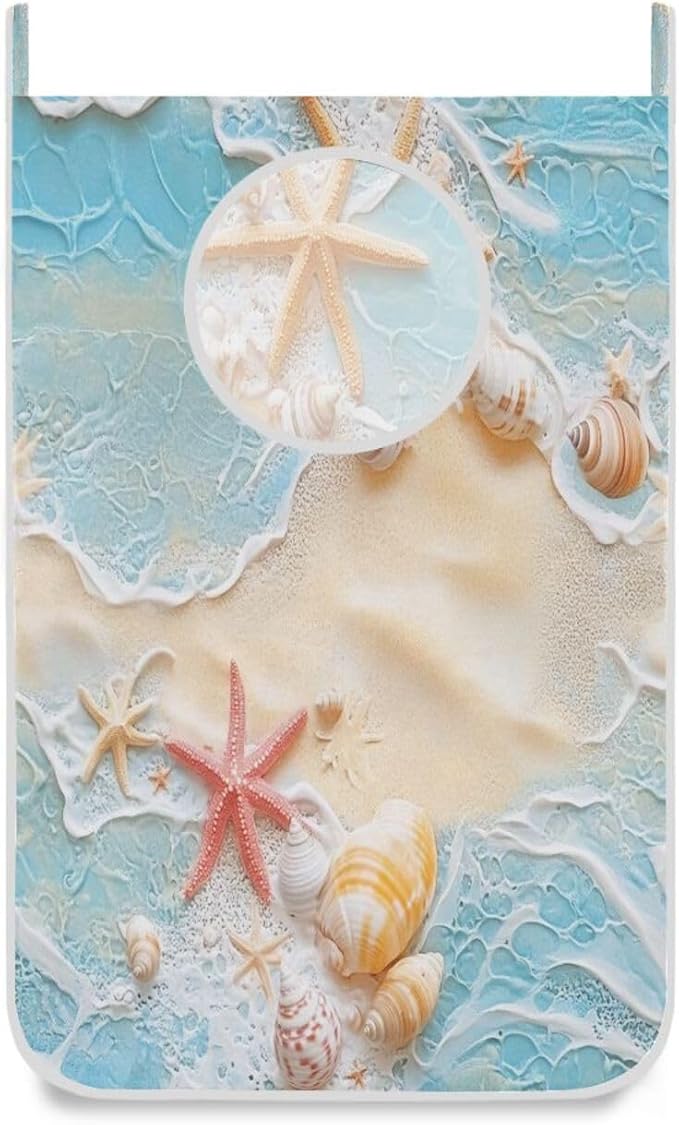 Blue Beach Sea Star Shell Summer Hanging Laundry Hamper Door Hampers Bag Basket with Stainless Steel Hooks Oxford Fabric Printing Decorative Clothes Bags 29.5X20inch 1Pack