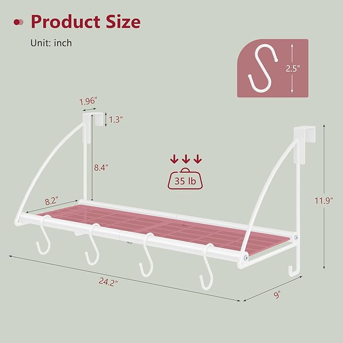 Tajsoon Over Door Clothes Hanger with Storage Rack and 6 Hooks, Extended Over The Door Clothes Rack for Hanging Coat for Bathroom, Bedroom, Living Room, White