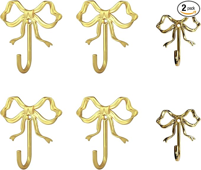 Decorative Bow Wall Hooks, Brass-Gold Metal Coat Hooks for Keys, Jewelry, Clothes, Home Decor - Screw Mounted, Iron Alloy, 2 in X 2.6 in X 0.8 In, 2 Pack (Four large sizes and two small sizes)