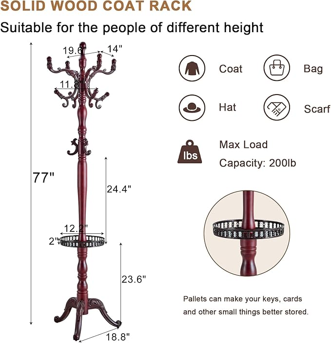 Solid Wood Coat Rack, Free Standing Hall Coat Tree with 14 Hooks, 3 Height Options, 300lbs Load, Stury Base, Clothes Rack for Entryway, Hallway, Bedroom (Tri-legged Base - H12 Rosewood)