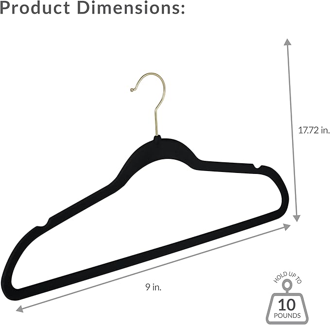 Simplify Slim Velvet Gold Hook Clothes Hangers 50 Pack | Non-Slip | Shirts | Suit | Pants | Dresses | Garments | Closet Storage & Organization | Durable | Black
