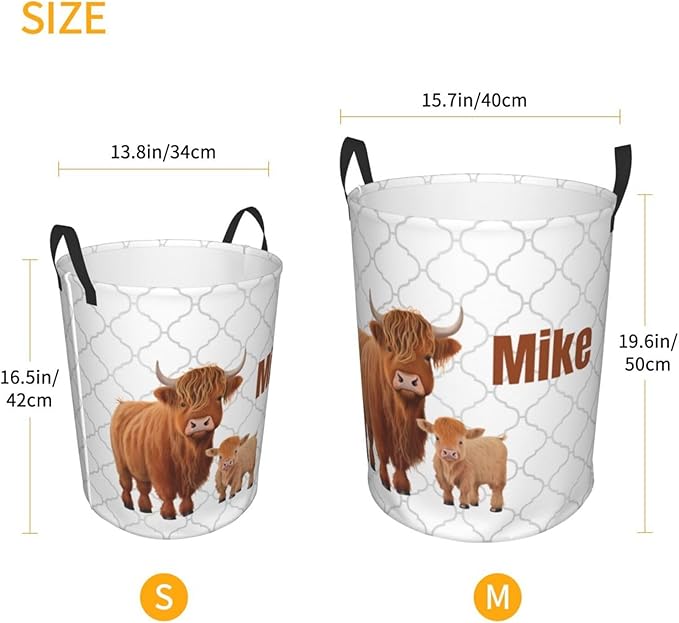 Personalized Laundry Basket for Nursery, Custom Nursery Laundry Hamper with Name, Customize Baby Clothes Circular Hamper for Boys Girls Room Decor, Highland Cow