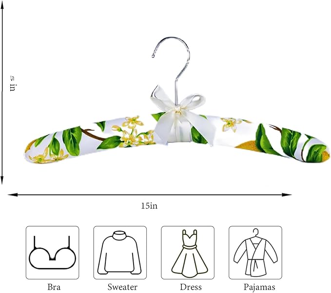 Anti-Slip Satin Padded Clothes Hangers with Rotatable Hooks No Shoulder Bump for Women Heavy Sweaters, Coats, Suits, Floral Pattern with Satin Bow, 360° Swivel Hook, Set of 5 (Lemon)
